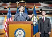  ?? THE ASSOCIATED PRESS ?? Speaker of the House Paul Ryan, R-Wis., joined by House Armed Services Committee Chairman Mac Thornberry, R-Texas, right, speaks Thursday about the massive government budget OK’d by the House.