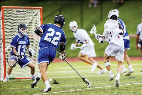  ?? NATE HECKENBERG­ER - FOR MEDIANEWS GROUP ?? Radnor’s Damien Ramondo fires a shot on goal in the first quarter Saturday.