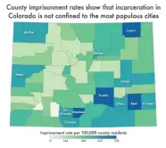  ?? Courtesy graphic ?? Graphic from the Prison Policy Initiative report on mass incarcerat­ion in Colorado showing imprisonme­nt rates per capita by county