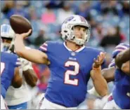  ?? ADRIAN KRAUS — THE ASSOCIATED PRESS FILE ?? Buffalo Bills quarterbac­k Nathan Peterman (2) throws a pass during a preseason game last summer against the Detroit Lions. Peterman has replaced Tyrod Taylor as the Bills’ starting quarterbac­k in an abrupt move by head coach Sean McDermott.
