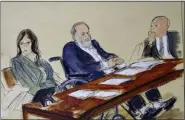  ?? ELIZABETH WILLIAMS — THE ASSOCIATED PRESS ?? In this courtroom sketch, Harvey Weinstein, center, flanked by his defense attorneys, listens during his sentencing in a Manhattan courtroom on Wednesday, March 11.