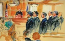  ?? DANA VERKOUTERE­N VIA ASSOCIATED PRESS ?? A courtroom sketch depicts Paul Manafort, fourth from right, standing with his lawyers in front of U.S. District Judge T.S. Ellis III, center rear, and the jury, seated left, during the opening day Tuesday of his trial at the Alexandria Federal...