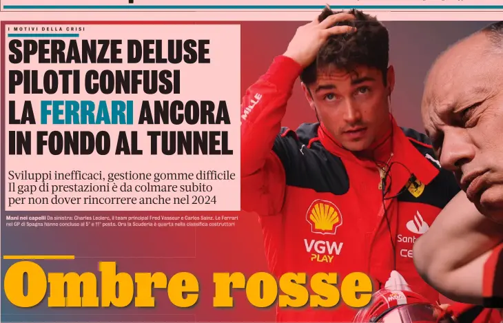  ?? ?? Mani nei capelli Da sinistra: Charles Leclerc, il team principal Fred Vasseur e Carlos Sainz. Le Ferrari nel GP di Spagna hanno concluso al 5° e 11° posto. Ora la Scuderia è quarta nella classifica costruttor­i