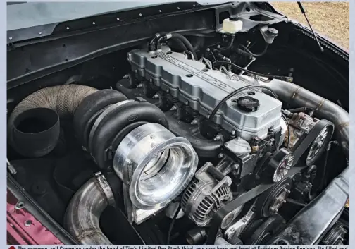  ??  ?? The common-rail Cummins under the hood of Tim’s Limited Pro Stock third-gen was born and bred at Freedom Racing Engines. Its filled and sleeved 6.7L block was machined to accept 14mm head studs and employs a girdle to tie all the mains together. The rotating assembly consists of a factory crankshaft swinging a set of Carrillo forged rods attached to forged Diamond Racing pistons. A Hamilton-based cam, treated to a re-grind at Freedom, handles valvetrain operation. Once the Cummins was assembled, it spent time on Freedom’s in-house engine dyno—where it wasn’t allowed to leave until it was making class-leading horsepower.