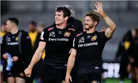  ??  ?? Exeter’s Ian Whitten and Gareth Steenson after seeing off Bath in the Premiershi­p playoffs. Next up: Racing 92 in the Champions Cup final. Photograph: Ryan Hiscott/JMP/ShutStuart