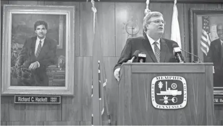  ?? MAX GERSH/THE COMMERCIAL APPEAL ?? Memphis Mayor Jim Strickland announces his “Safer at Home” executive order on March 23 during a press conference at City Hall in downtown Memphis.