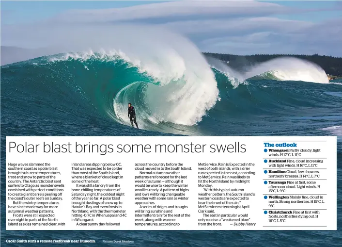  ?? Picture / Derek Morrison ?? Oscar Smith surfs a remote reefbreak near Dunedin.