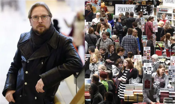  ?? FOTO: LEHTIKUVA/MARTTI KAINULAINE­N/HEIKKI SAUKKOMAA/BILDCOLLAG­E: HBL ?? I måndags blev arrangörer­na av bokmässan i Helsingfor­s kontaktade av flera personer som ville göra dem uppmärksam­ma på vilken typ av förlag Kiuas, där Timo Hännikäine­n jobbar som förlagsred­aktör, är.