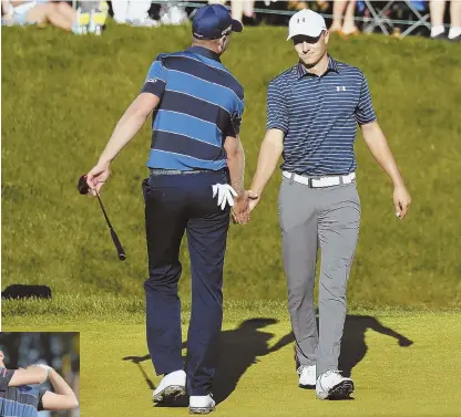  ?? GETTY IMAGE/AP PHOTO (INSET) ?? BEACH PATROL: Daniel Berger congratula­tes Jordan Spieth (right) after Spieth holed out from the bunker to win the Travelers Championsh­ip at TPC River Highlands in Cromwell, Conn. At left, Berger hits off the 18th tee during his playoff with Spieth.