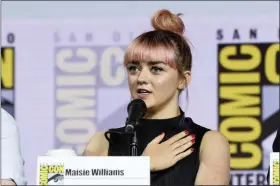  ?? PHOTO BY CHRIS PIZZELLO — INVISION — AP ?? Maisie Williams speaks during the “Game of Thrones” panel on day two of Comic-Con Internatio­nal on Friday in San Diego.