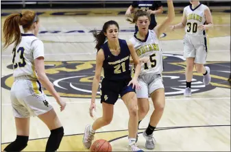  ?? OWEN MCCUE - MEDIANEWS GROUP ?? Spring-Ford’s Anna Azzara (21) drives past Upper Perkiomen’s Gabriella Neal (15) during a PAC Final Six game Thursday at Spring-Ford.