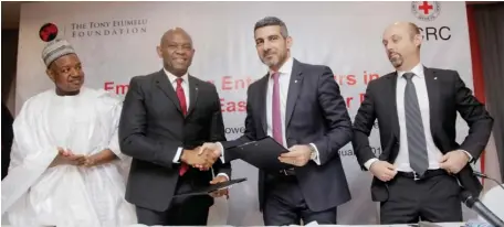  ??  ?? From left: Kebbi State Governor Abubakar Atiku Bagudu; Founder, Tony Elumelu Foundation/Chairman, Heirs Holdings, Tony O. Elumelu; Deputy Regional Director for Internatio­nal Committee, Red Cross (ICRC) Africa, Patrick Youssef; and Head of ICRC...