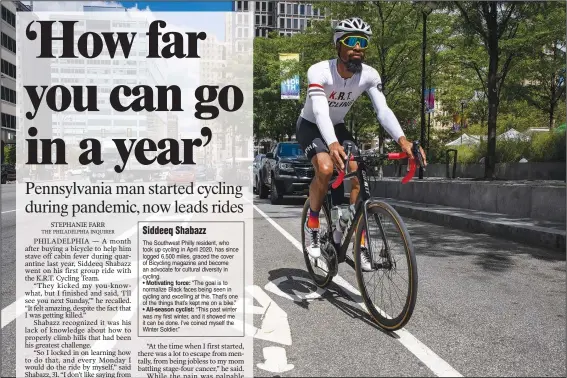  ?? Rides his bicycle Friday near Philadelph­ia City Hall. (AP/The Philadelph­ia Inquirer/Alejandro A. Alvarez) ?? Siddeeq Shabazz