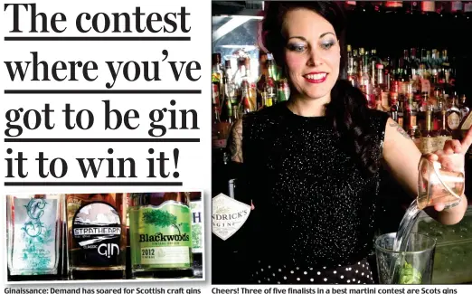  ??  ?? Ginaissanc­e: Demand has soared for Scottish craft gins Cheers! Three of five finalists in a best martini contest are Scots gins