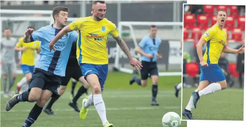  ??  ?? Race on: Ballymena United ace Jude Winchester tries to escape Shane McNamee while (right) Jonny Addis celebrates his goal