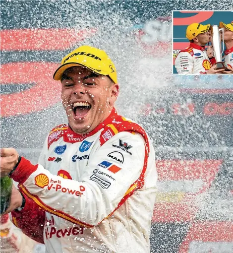  ?? GETTY IMAGES ?? Scott McLaughlin showers the crowd with champagne after winning the Bathurst 1000 on Sunday and, above, celebratin­g his success with codriver Alex Premat.