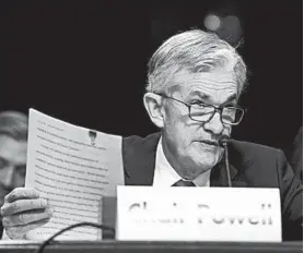  ?? JOSE LUIS MAGANA/AP ?? Federal Reserve Chairman Jerome Powell testifies Wednesday on Capitol Hill about the outlook for the U.S. economy.