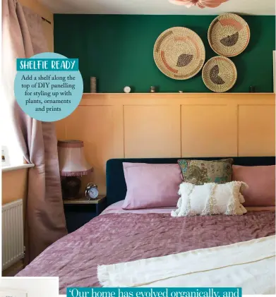  ?? ?? MAIN BEDROOM
The wall panelling cost just £30 but has made a big style impact – its gentle apricot hue energises the punchy green wall above
OUR MUST HAVES Wall painted in silk for walls and ceilings in Emerald Glade, £33.11 per 2.5L, Dulux. Matisse Berggruen & Cie print, £10.99, SevenIcons­PrintShop on Etsy