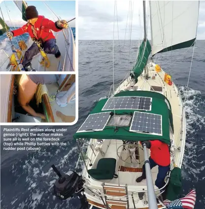  ??  ?? Plaintiffs Rest ambles along under genoa (right); the author makes sure all is well on the foredeck (top) while Phillip battles with the rudder post (above)