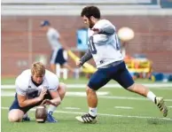  ?? STAFF FILE PHOTO BY ROBIN RUDD ?? Victor Ulmo kicks from the hold of Colin Brewer during a practice last month.