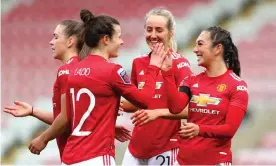  ??  ?? Manchester United celebrate a goal by Katie Zelem (right) against Aston Villa at Leigh Sports Village this month. Their game against West Ham on Saturday is at Old Trafford. Photograph: Chloe Knott - Danehouse/Getty Images