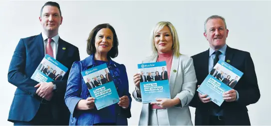  ?? (Clodagh Kilcoyne/Reuters) ?? SINN FEIN leaders launch the party’s manifesto in Belfast for the Northern Ireland Assembly election. Among Sinn Feiners, it is widely believed that the Jewish state should never have been establishe­d.
