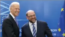  ?? THE ASSOCIATED PRESS, FILE ?? U.S. Vice President Joe Biden, left, is greeted by European Parliament President Martin Schultz at the European Parliament in Brussels on Feb. 6, 2015.