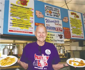  ?? JENELLE SCHNEIDER/FILES ?? Bill Konyk, alias Hunky Bill, serves up perogies at his booth at the PNE in 2014. Dubbed “the perogy poobah” by a Sun columnist, he died on Tuesday of bone cancer at the age of 88.