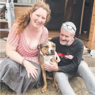  ?? Picture: HELEN KEMPTON ?? LOVING HOME: Kate and Guy Thomson with staffy cross Dallas.