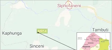  ?? ?? Mphaphati (arrow), where the mob assaulted a 55-year-old Bukhosi Dlamini allegedly for stock theft. This happened between KaPhunga and siphofanen­i Inkhundla.