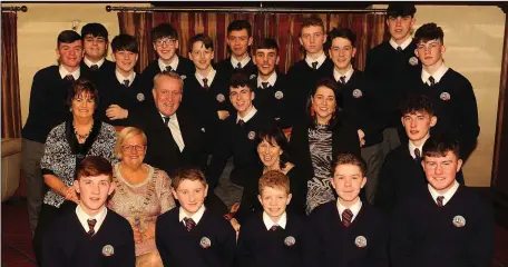  ??  ?? The music group from St. Brendan’s College, Killarney, an internet sensation following their famous music session on a Ryanair flight from London Stansted to Kerry Airport, performed at the Skal Internatio­nal Club of Kerry annual President’s Dinner in The Killarney Plaza Hotel on Saturday night. They are pictured here with Peter Bellew, Ryanair, Geraldine Rosney and Sheila Casey (President Skal Club of Kerry), and music teachers Mish O’Donoghue and Niamh O’Connell. Picture: Eamonn Keogh