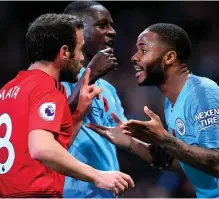  ??  ?? What’s the Mata: Juan Mata makes his feelings clear to Raheem Sterling after accusing the Manchester City player of show-boating late in the game