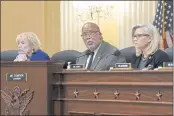  ?? J. SCOTT APPLEWHITE — THE ASSOCIATED PRESS ?? House Jan. 6 Select Committee Chairman Bennie Thompson, D-Miss., center, flanked by Rep. Zoe Lofgren, D-Calif., left, and Vice Chair Liz Cheney, R-Wyo., confer at the Capitol in Washington on Wednesday.