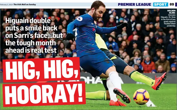  ??  ?? GOLDEN OLDIE: Gonzalo Higuain, 31, fires in his first of two goals against Huddersfie­ld yesterday