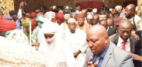  ?? Photo: Sani Maikatanga ?? Emir of Kano, Muhammadu Sanusi II leads the federal government delegation to the venue of the funeral prayer for late Yusuf Maitama Sule at the Emir’s Palace in Kano yesterday. Behind the emir are Governors Abdullahi Umar Ganduje of Kano, Kashim...