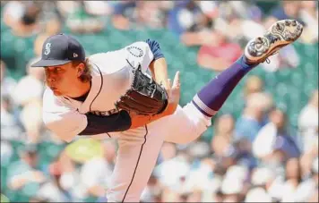  ?? Abbie Parr / Getty Images ?? Seattle rookie Logan Gilbert was dominant, allowing his only baserunner on Giancarlo Stanton’s double leading off the second inning. Luke Voit was hit with a fastball, but the Yankees were otherwise void of runners against Gilbert. He struck out eight and retired the last 18 batters he faced.