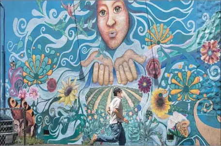  ?? Allen J. Schaben Los Angeles Times ?? A MASKED pedestrian passes a mural in Santa Ana. Orange County health officials Tuesday reported 865 new coronaviru­s infections.