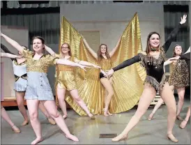  ?? Kristina Wilder / Rome News-Tribune ?? Zoe Wheat, (from left), Maggie Young, Autumn Leroy, Katerina Creel and Baleigh Nelson rehearse a Follies number during rehearsal
for “Crazy For You,” Floyd County Schools’ countywide musical. The show will begin April 7 at Model High School’s...