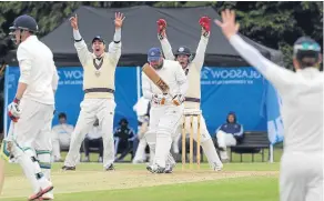  ??  ?? Arbroath celebrate taking this Forfarshir­e wicket. Tomorrow, they hope to have plenty to cheer after meeting Carlton in Edinburgh.