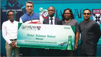  ??  ?? L-R: National Marketing Manager, Seven-Up Bottling Company Ltd (SBC), Segun Ogunleye; Managing Director, Ziad Maalouf; recipient, 7Up Harvard Business School Scholarshi­p(7UpHBS) 2020, Abdul-Rahman Buhari; Head of Human Resources, SBC, Yinka Olufade, and Head of Marketing, Norden Thurston, at the unveiling of the 7UpHBS 2020 winner held in Lagos…recently