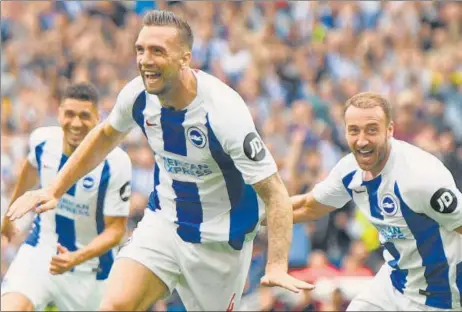  ?? GETTY IMAGES ?? Shane Duffy of Brighton celebrates his team's second goal against Manchester United at the Falmer Stadium in Brighton on Sunday.