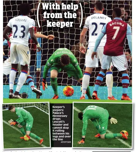  ?? AP/OFFSIDE E ?? Keeper’sK jeepers:je Palace’sP Hennessey drops Lescott’s header and cannot stop it rolling betweenb his le legs and overr t the line