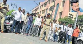  ??  ?? Police at the crime scene outside the Rohtak court where Sanjit Malik (inset) was gunned down on Tuesday. MANOJ DHAKA/HT