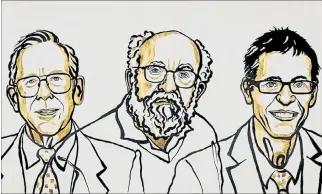  ?? EL PAÍS ?? Investigad­ores. James Peebles, Michel Mayor y Didier Queloz, en un dibujo distribuid­o por la Fundación Nobel.