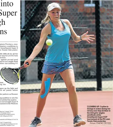  ?? Picture: EUGENE COETZEE ?? CLEANING UP: Cayline le Grange in action during her victory over Anja de Beer in the U16 girls’ singles semifinals at the Growthpoin­t Super 8 EP tournament at the PE Lawn Tennis Club yesterday