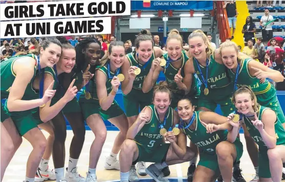  ?? Picture: AUSTRALIAN UNIROOS FACEBOOK ?? WORLD-BEATERS: Townsville sisters Alicia and Keely Froling (back row, fourth and fifth from left) celebrate the Emerging Opals’ victory in the World University Games final against the USA.