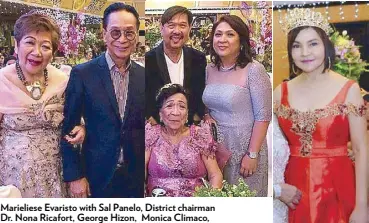  ??  ?? Marieliese Evaristo with Sal Panelo, District chairman Dr. Nona Ricafort, George Hizon, Monica Climaco, (seated) Doña Pinang Saldana Milo Bondoc