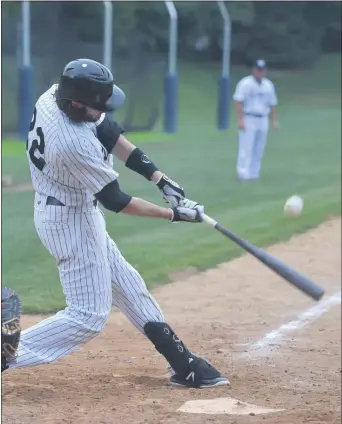  ?? MEDIANEWS GROUP FILE ?? Wayne’s Dan Williams, ripping a base hit in Game 2 of last year’s Delco League championsh­ip series, drove in two runs as Wayne closed out the regular season with a 5-1 victory over the Marple Newtown Black Sox Sunday. Wayne finished in first place and will be the No. 1 seed in the playoffs.