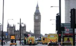  ??  ?? Emergency services responding after an attack on pedestrian­s on Westminste­r Bridge yesterday.