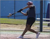  ?? ?? Fourteen-yearold Tommy Bell of Riverside hits one of his 13 home runs during the Jr. Home Run Derby on Thursday.